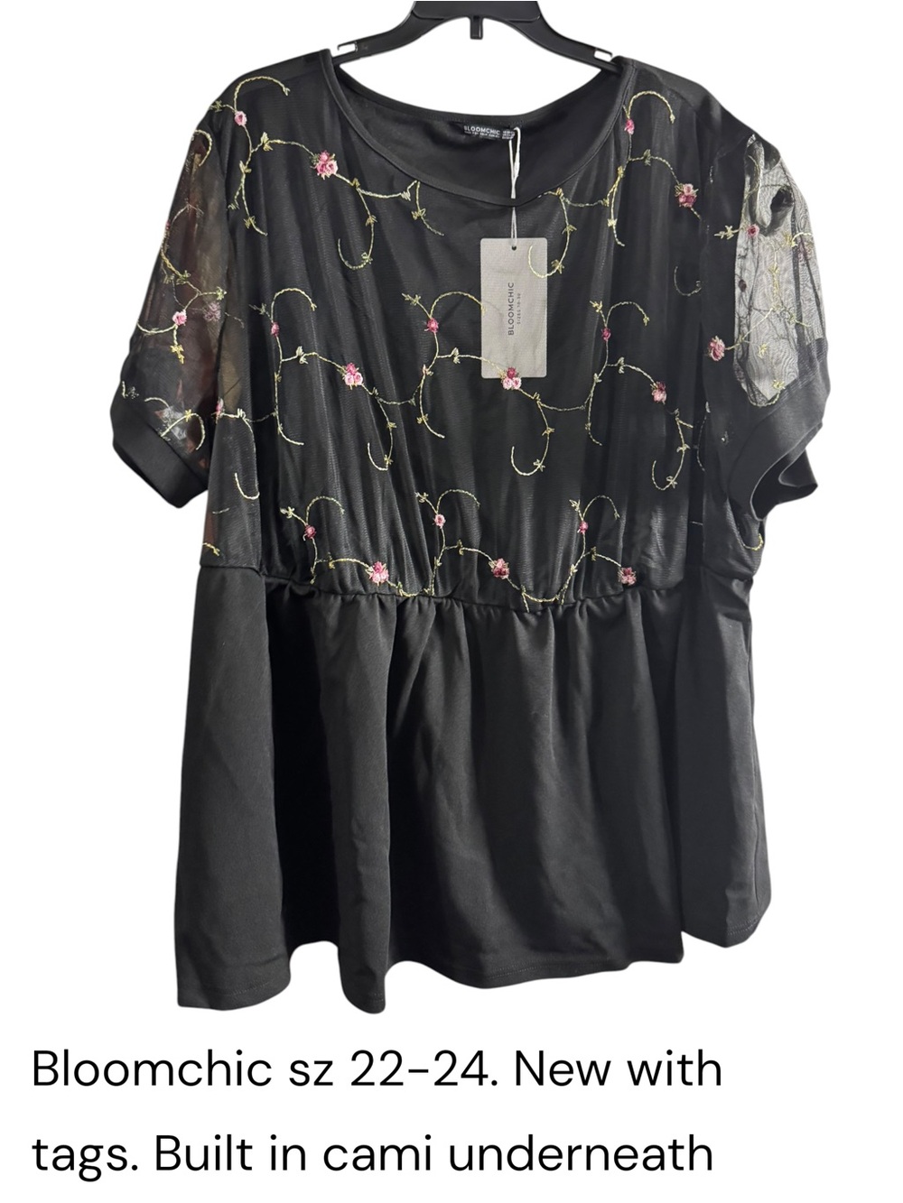 BloomChic Black Short-Sleeve Embroidered Peplum Tunic